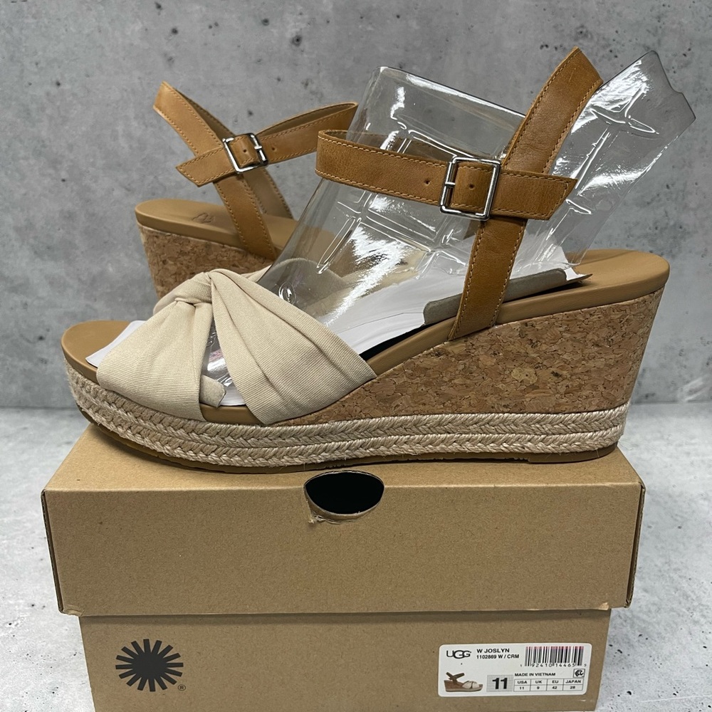 UGG Joslyn Sz 11 Cream Fabric Cork Wedge Espadrille Leather Ankle Strap w/Buckle